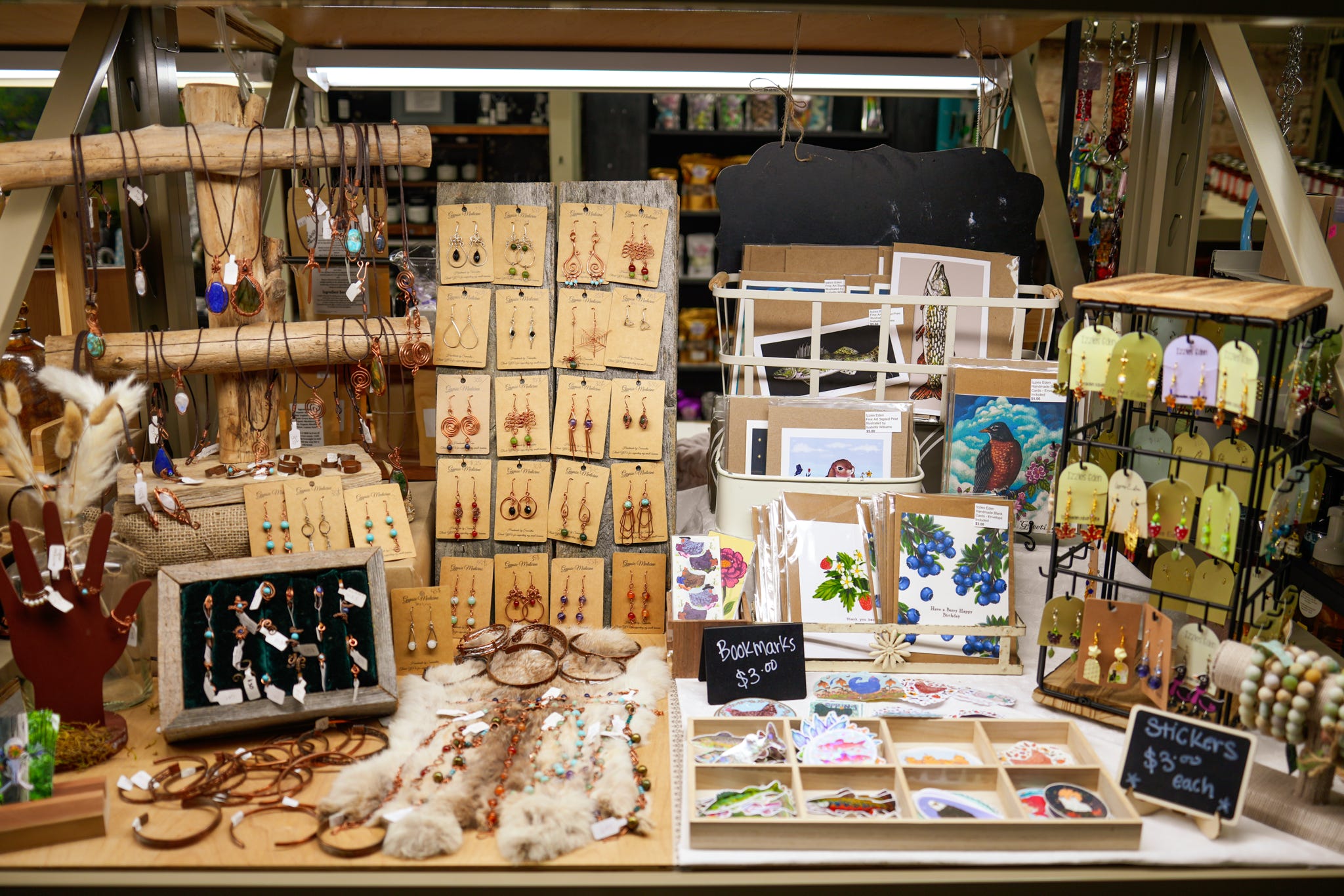 Table of handmade gifts and cards from West Michigan makers