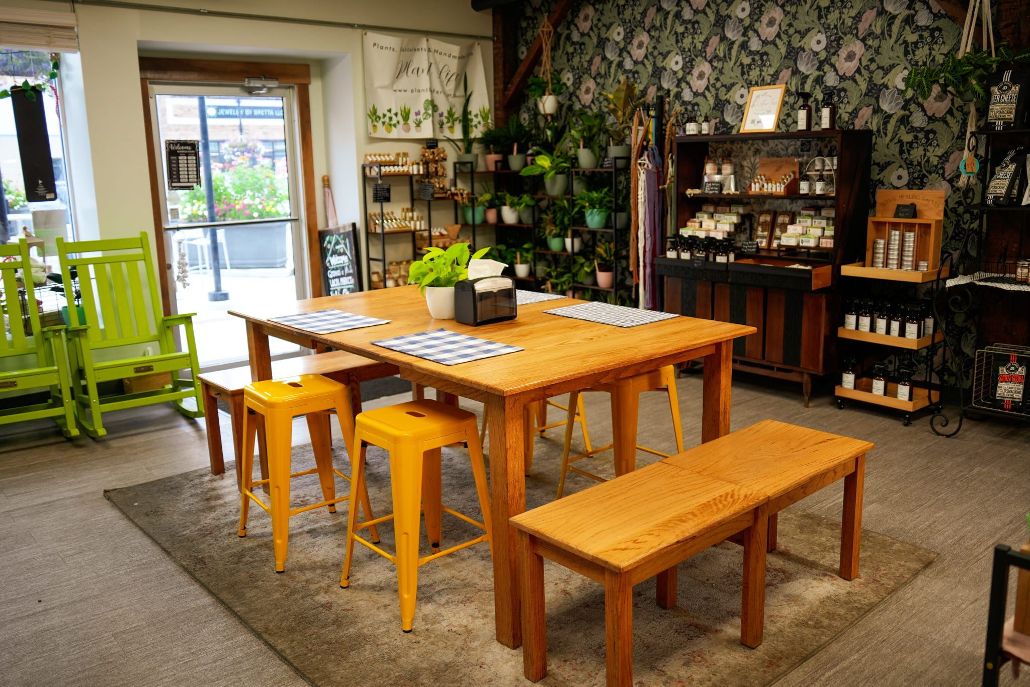 Wooden tables and benches in the market's cozy seating area