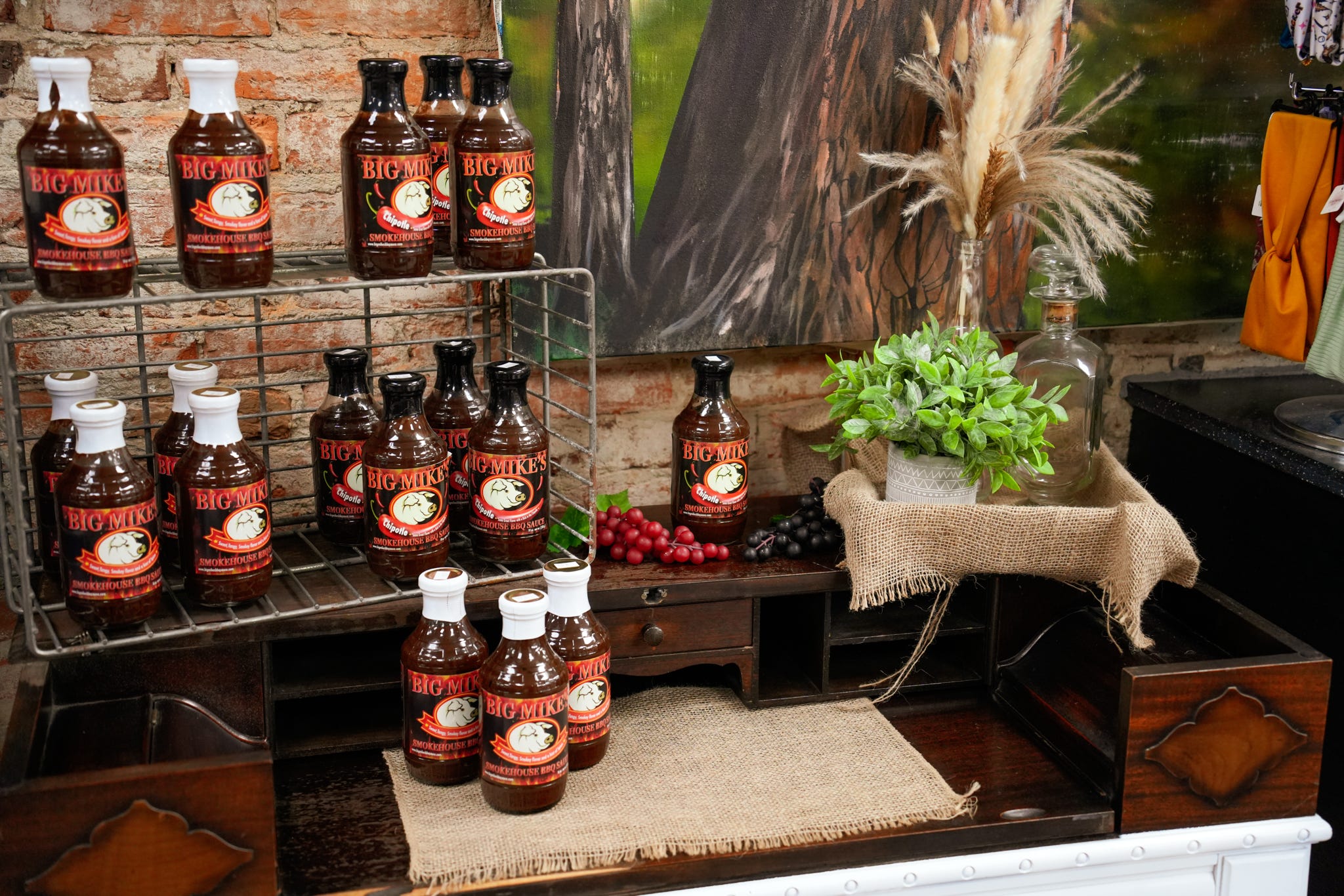 Display of local jams and preserves in glass jars